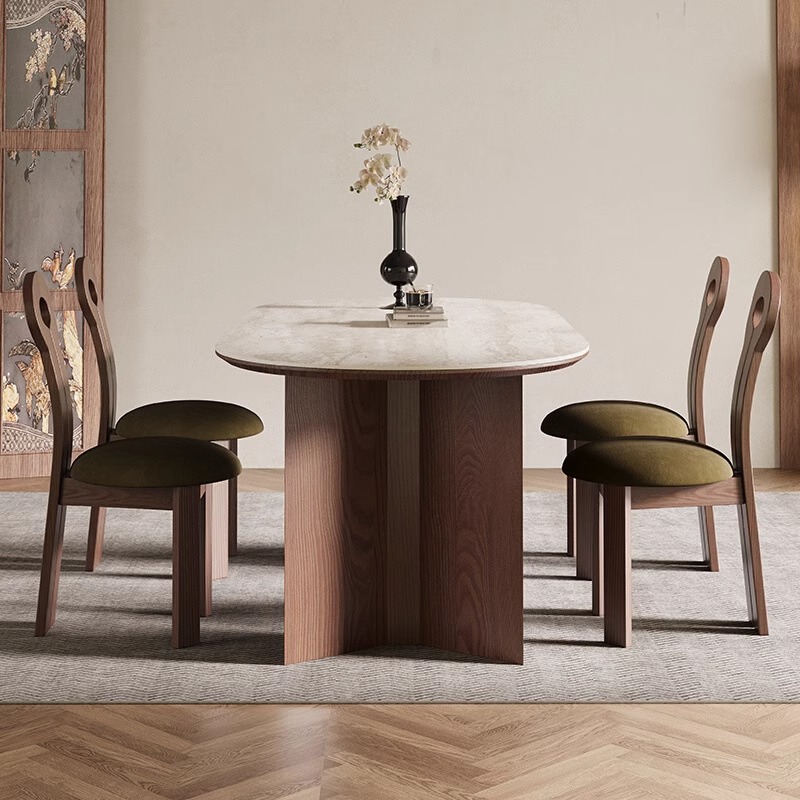 法式复古洞石岩板餐桌椅组合家用椭圆形2024新款胡桃木长方形饭桌 - 图2