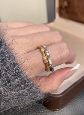 S925纯银爆款节节高升戒指女莫桑石古法重工拉丝工艺点钻竹节指环