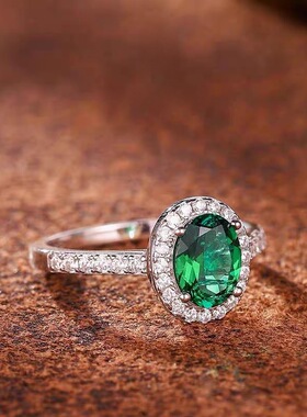 纯银爆闪彩宝祖母绿鸽子蛋戒指女时尚经典高碳钻轻奢