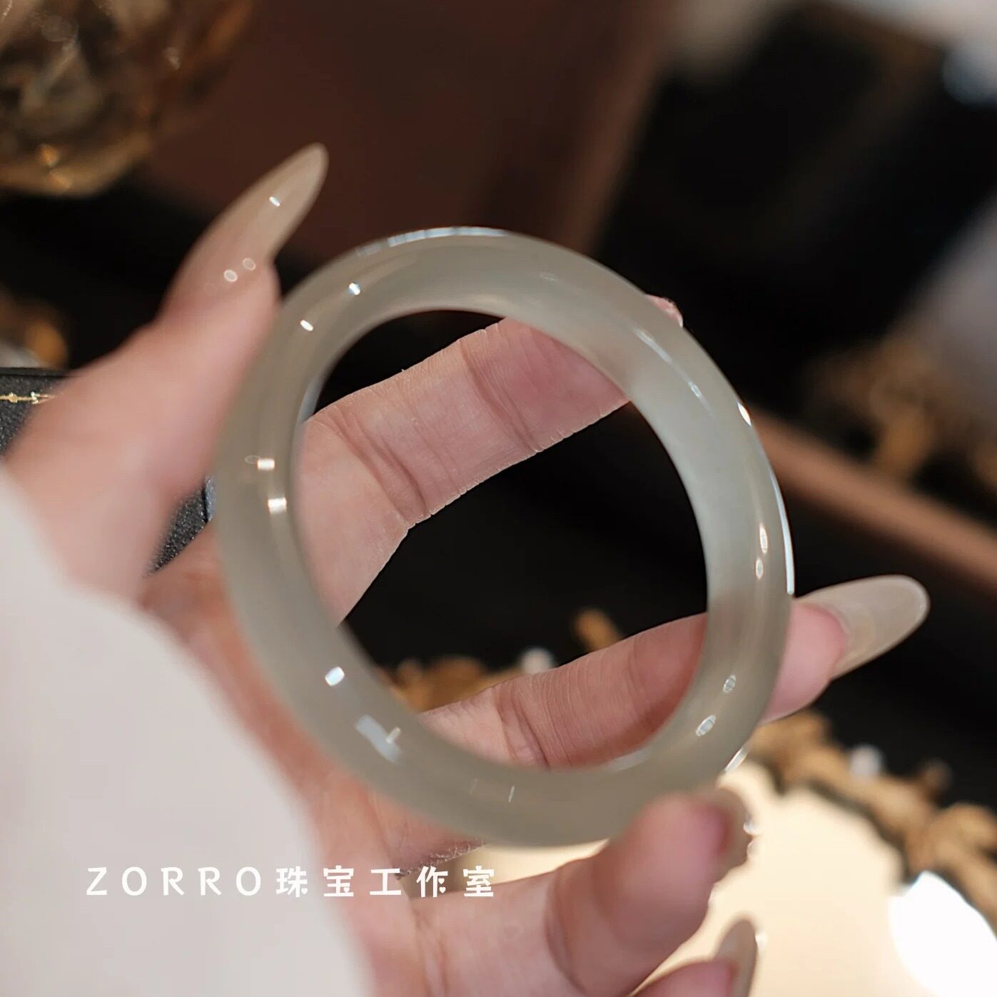 Natural water foam jade S925 sterling silver ring with adjustable mouth