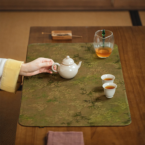 新中式禅意香云纱茶席真蚕丝茶桌茶垫茶几干泡席防水垫布国风桌旗 - 图0