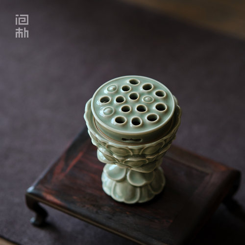 问朴 越窑青瓷莲花台香炉陶瓷熏炉中式摆件茶道手工荷花香插 - 图0