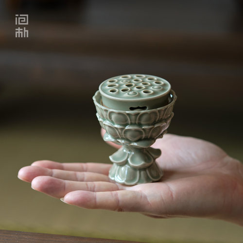 问朴 越窑青瓷莲花台香炉陶瓷熏炉中式摆件茶道手工荷花香插 - 图1