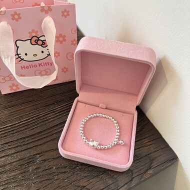 正品999纯银圆珠手链女可爱哈喽Kitty吊坠银手串儿童大人生日礼物