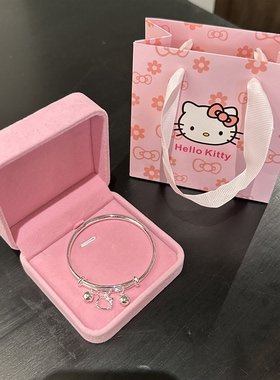 生日礼物Kitty猫铃铛纯银手镯女999足银实心百搭爆款送闺蜜女朋友