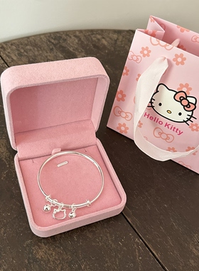 正品999足银Kitty猫铃铛手镯女实心年轻款送女友闺蜜生日纪念礼物