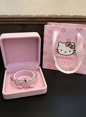 2026新款999足银Kitty猫手镯女生甜系蝴蝶结开口银镯子学生送闺蜜