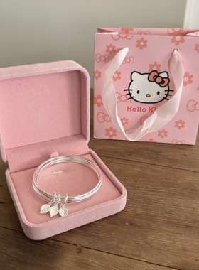 999足银手镯女三圈实心叶子吊坠小众高级感纯银镯子精美生日礼物