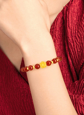 红玛瑙手链莲花手串男女款本命年红玛瑙手链礼物