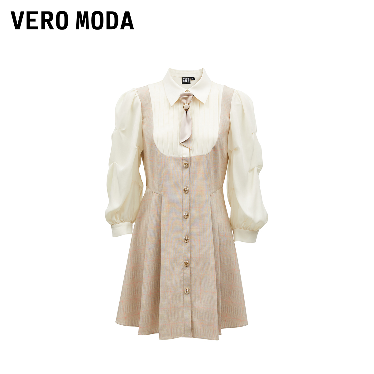 Vero Moda连衣裙2024春夏新款假两件格纹拼接褶皱泡泡袖A摆短裙