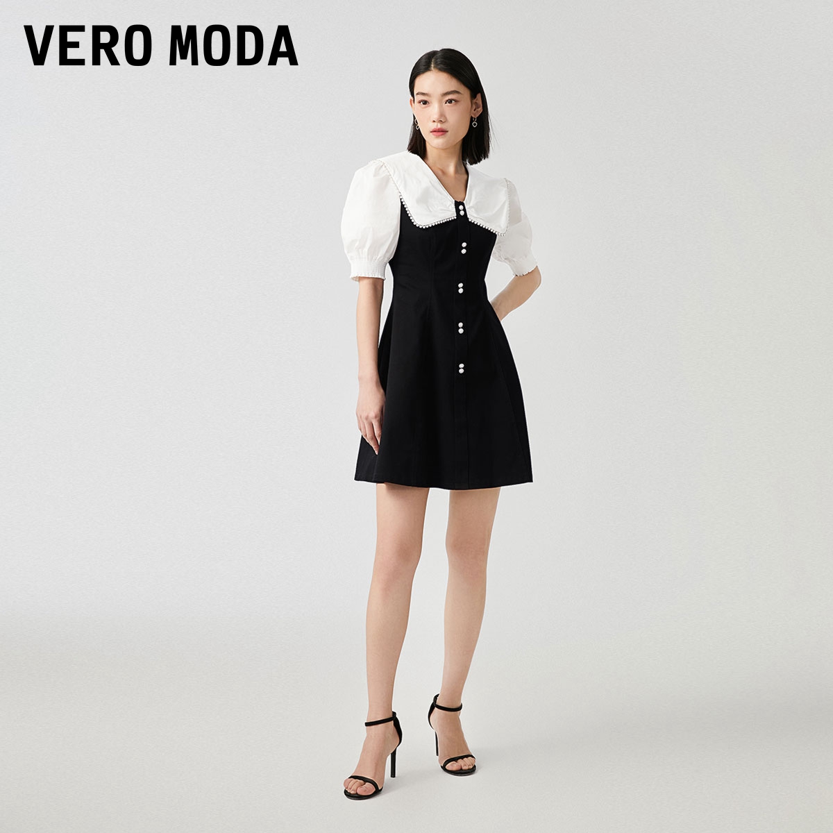 Vero Moda连衣裙2023秋冬新款牛仔纯色A字短裙泡泡袖收腰公主宫廷