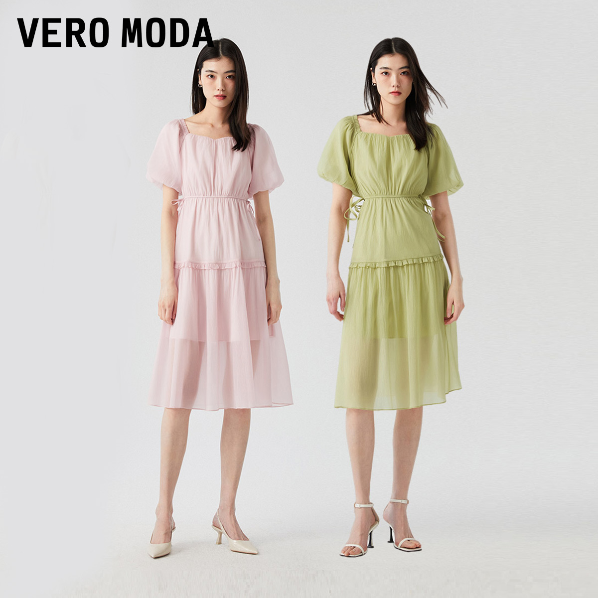 Vero Moda连衣裙2023夏季新款时尚方领泡泡袖长裙公主风裙子女▲ - 图0