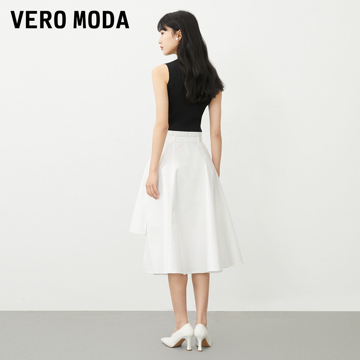 Vero Moda半身裙女2023秋冬新款显瘦白色a字裙百褶半裙设计感▲