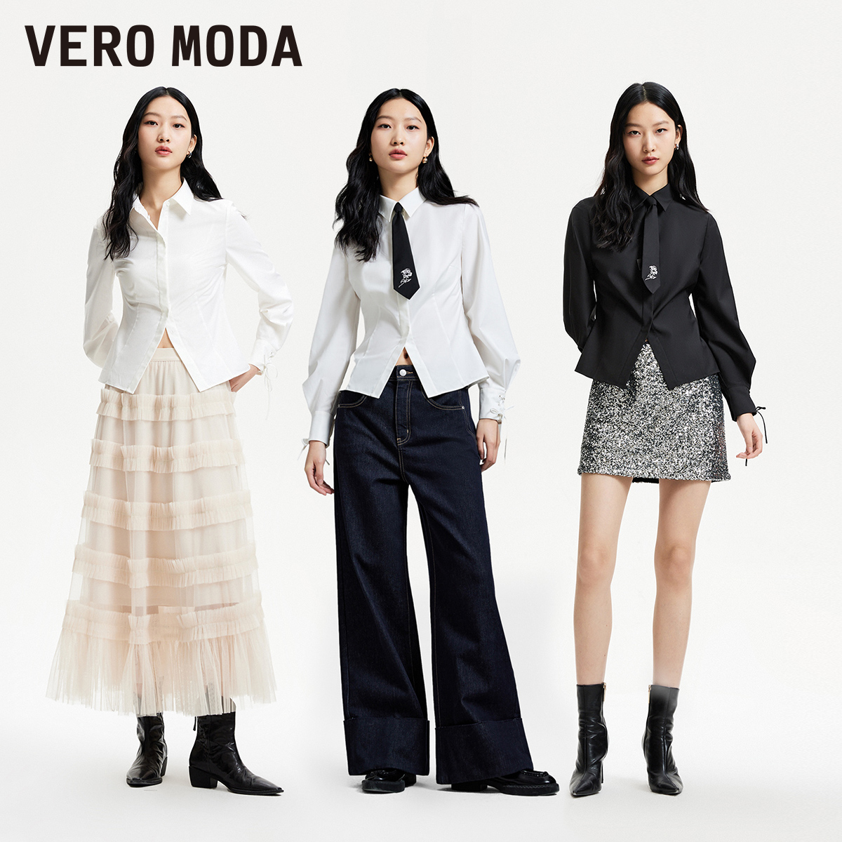 Vero Moda衬衫女2024春夏新款收腰翻领花朵刺绣领带绑带长袖通勤