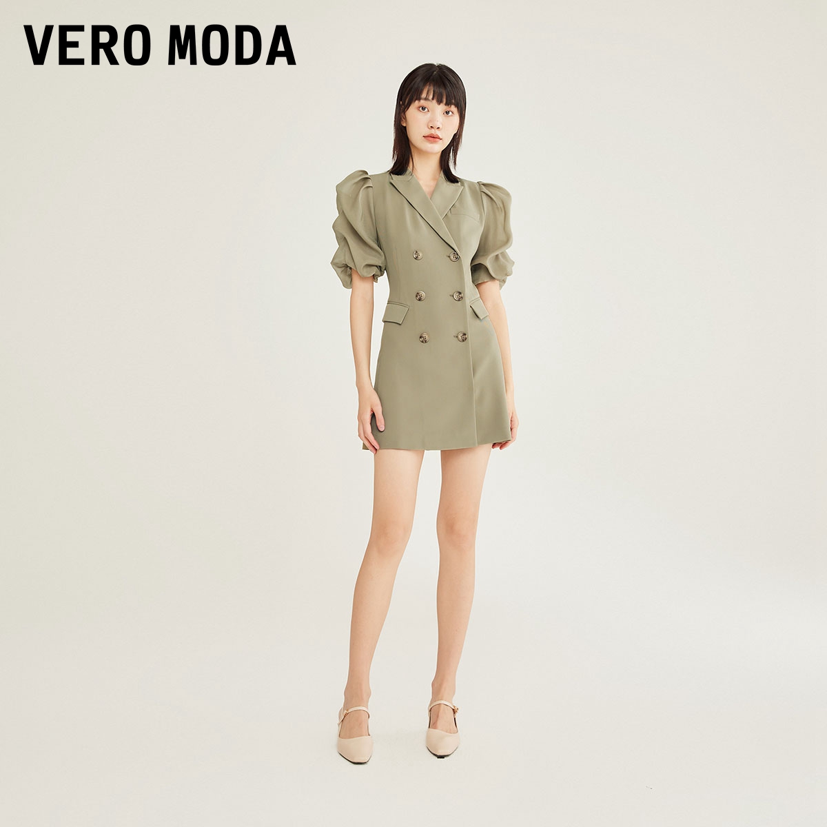 Vero Moda连衣裙2023秋冬新款通勤泡泡袖双排扣拼接西装式女