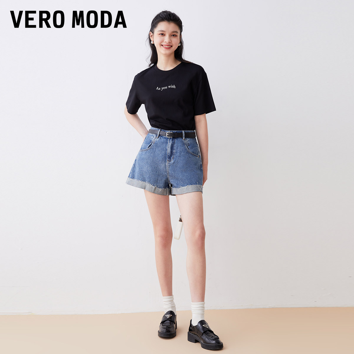 Vero Moda短裤女2023秋冬新款休闲百搭高腰显瘦水洗做旧牛仔短裤