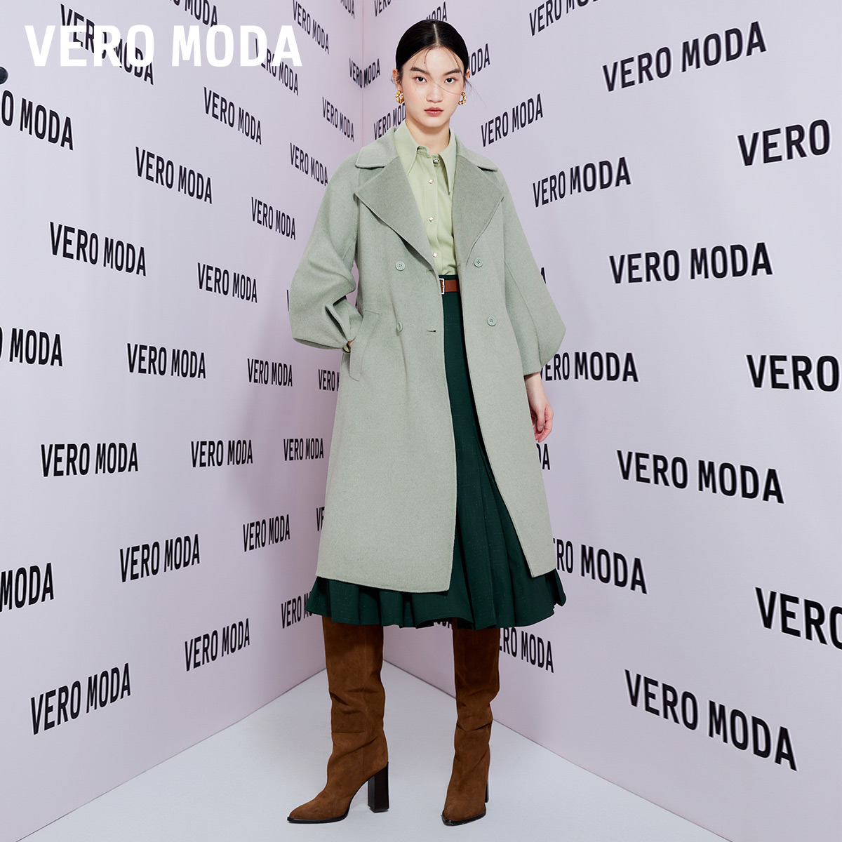 Vero Moda毛呢大衣女双排扣系带灯笼袖气质外套女▲