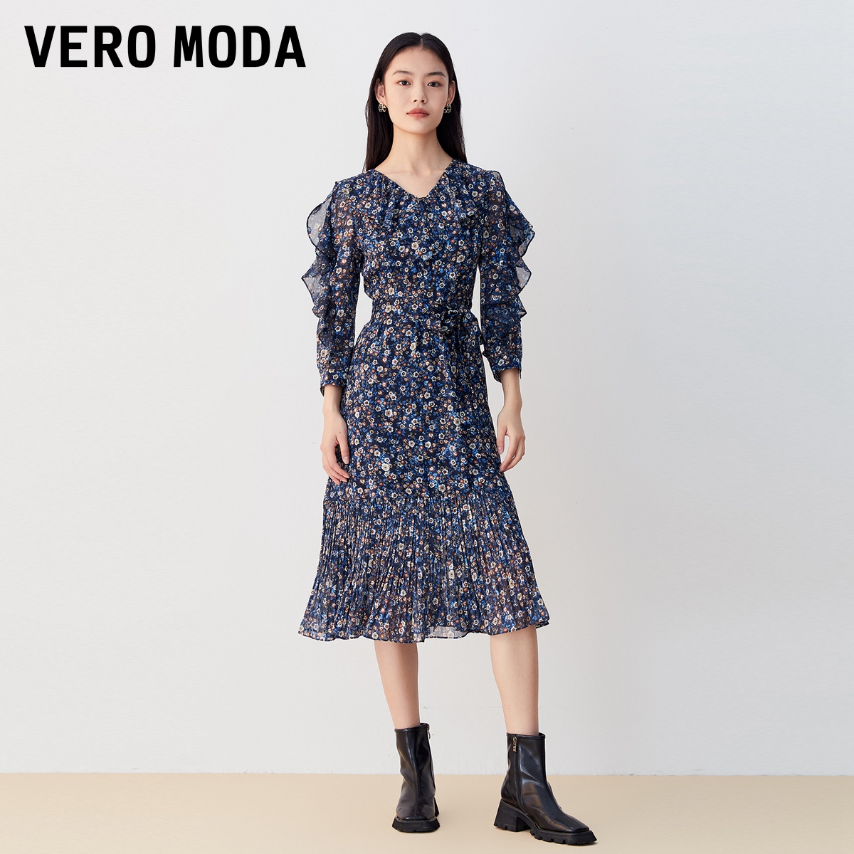 Vero Moda连衣裙2023秋冬新款唯美浪漫优雅甜美花边七分袖碎花裙