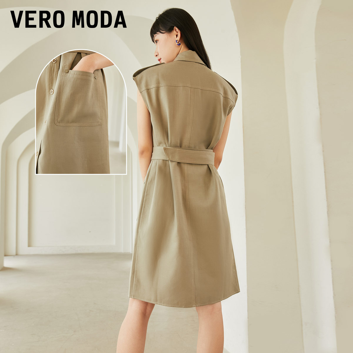 v区绫致Vero Moda2024春夏新款通勤风工装感翻领无袖纯色连衣裙 - 图2