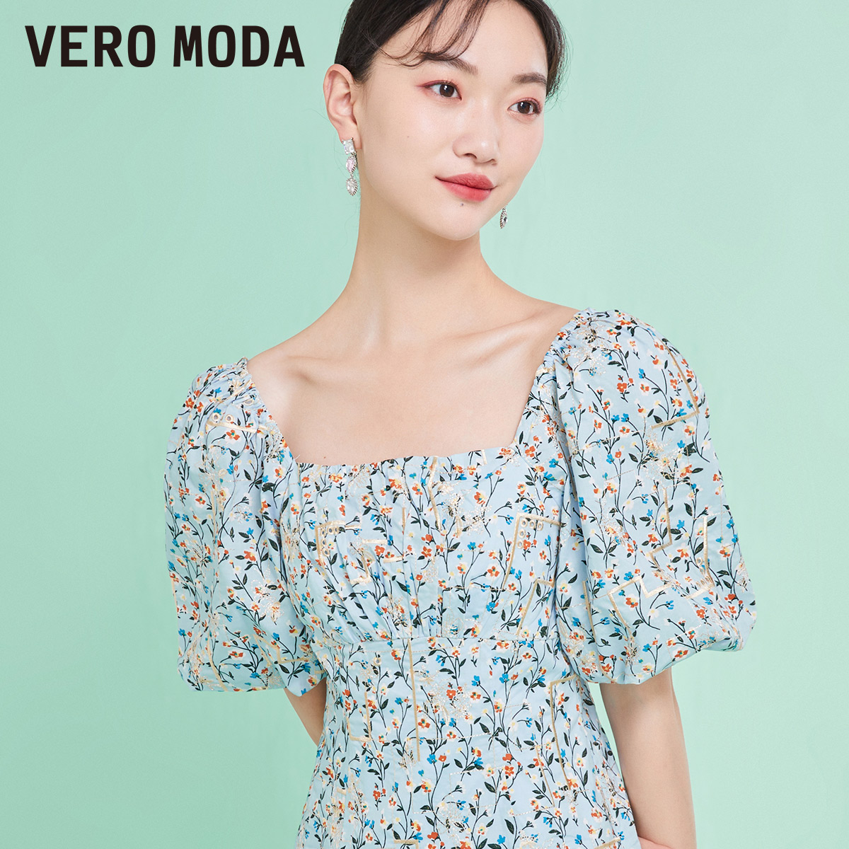 Vero Moda连衣裙夏季时尚气质碎花收腰泡泡袖法式优雅短裙▲