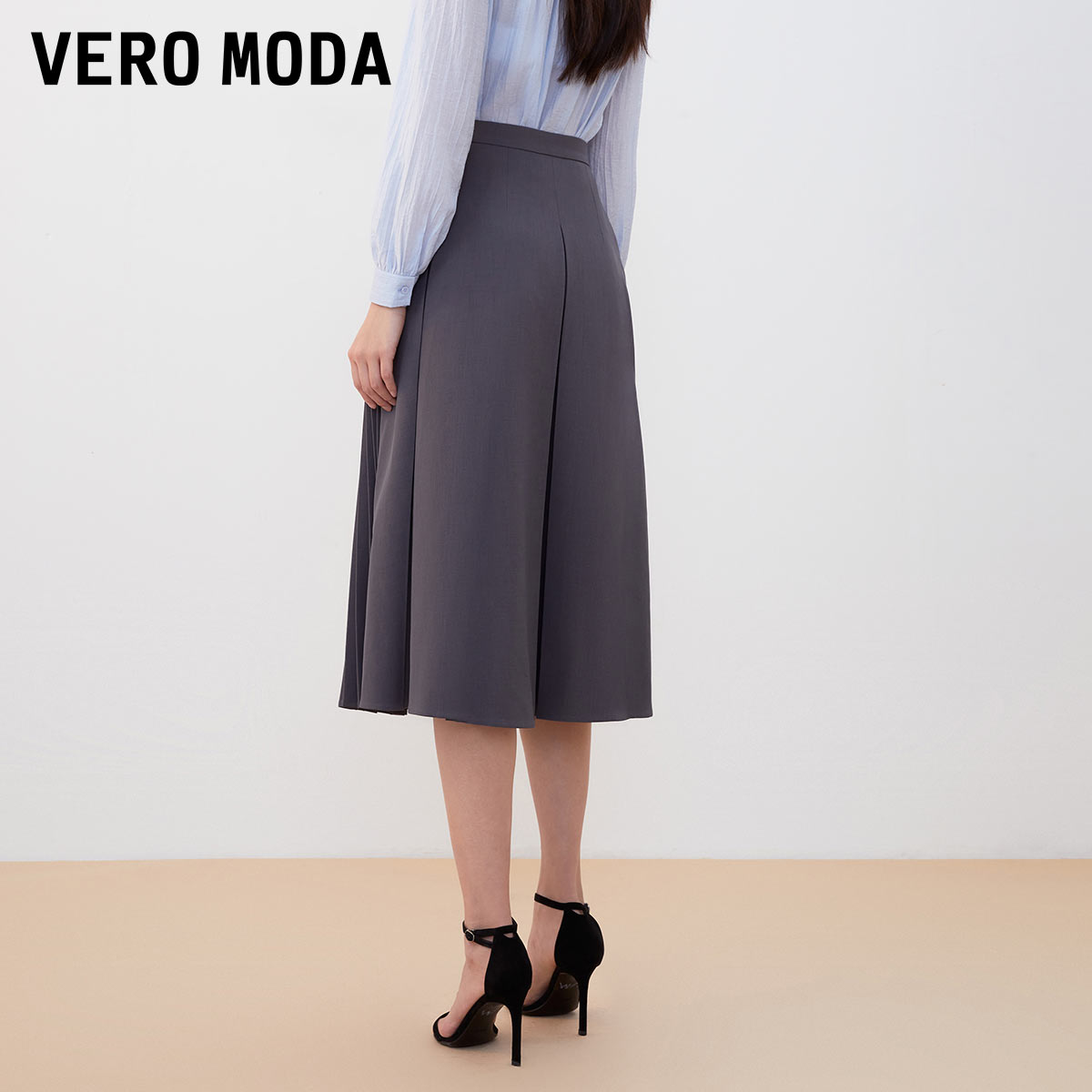 Vero Moda半身裙女2023秋冬新款百褶中长裙优雅纯色简约韩系