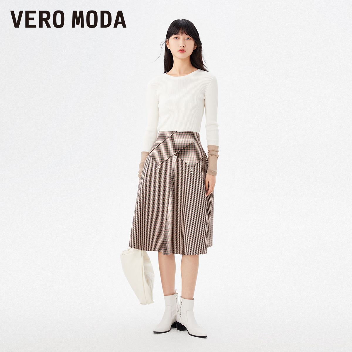 tq区绫致Vero Moda半身裙2025春夏高腰中长裙千鸟格A字裙通勤气质 - 图0