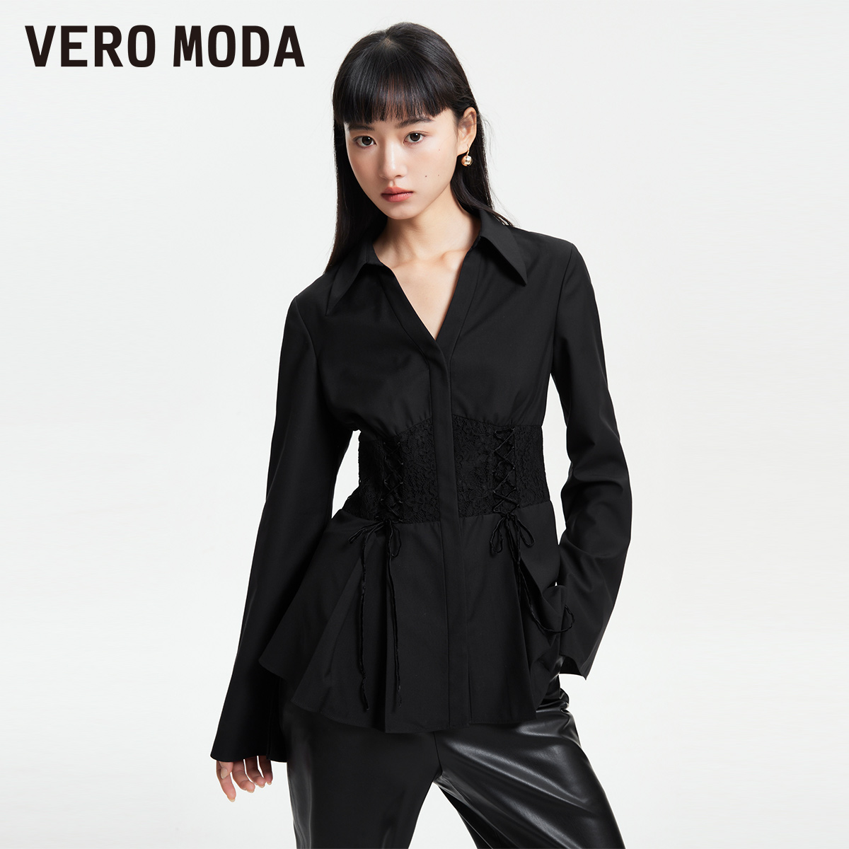 Vero Moda衬衫2024春夏新款高街时髦V领蕾丝系带束腰长袖上衣女