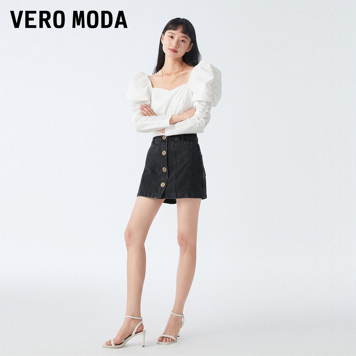 Vero Moda裙裤短裤女2023秋冬新款休闲百搭高腰显瘦时髦牛仔裙