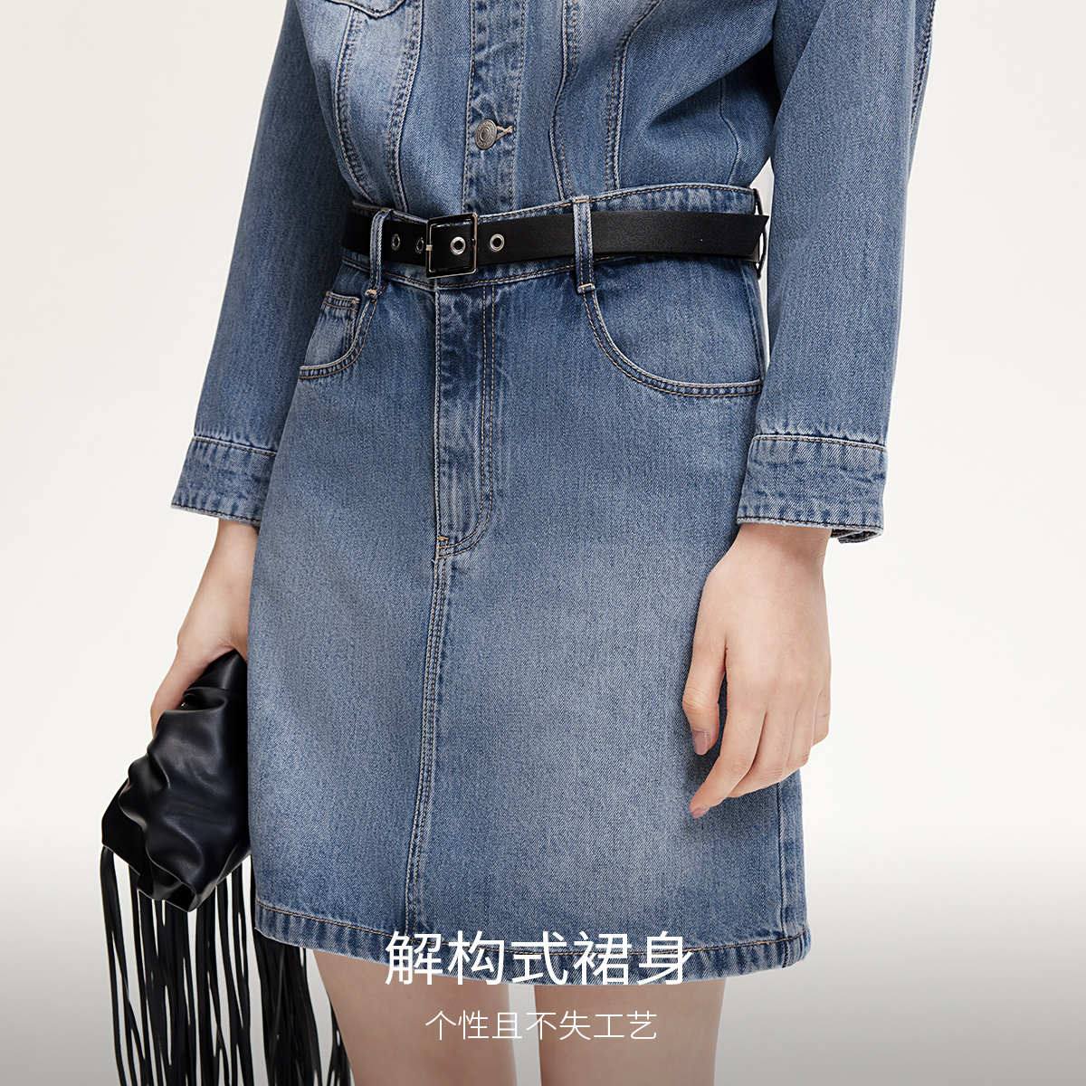 Vero Moda连衣裙女2025秋季新款翻领落肩水洗牛仔风中长裙时尚 - 图2