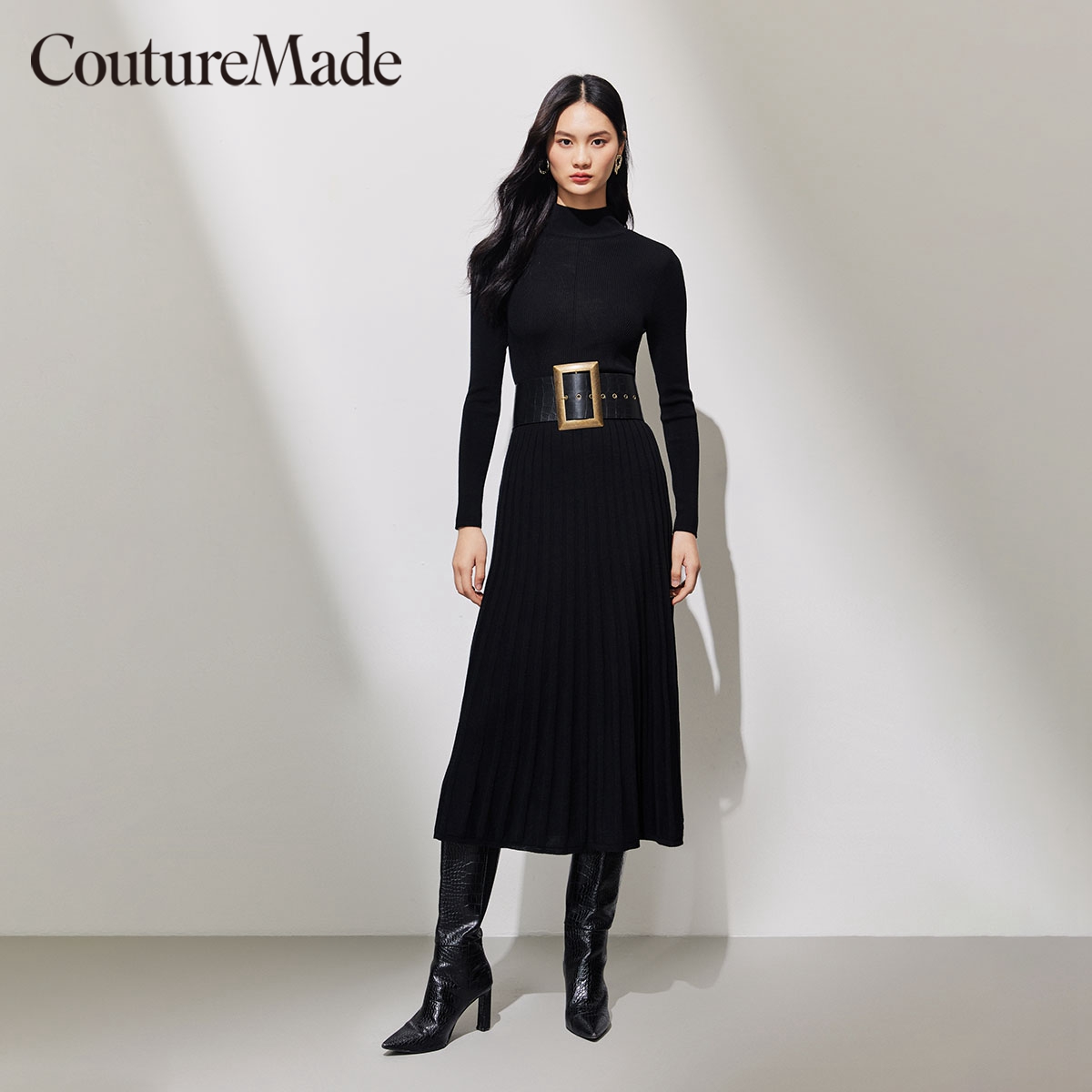 Couture Made连衣裙2024春夏新款纯绵羊毛黑修身长裙A摆长袖高领