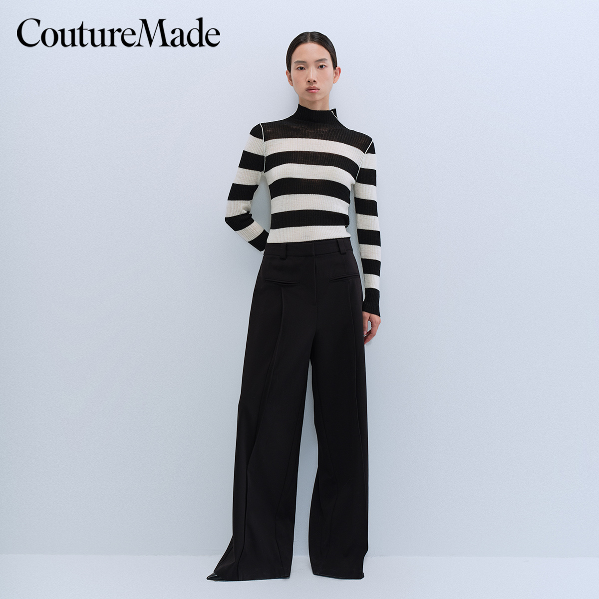 Couture Made针织衫2024春夏新款优雅通勤100%绵羊毛长袖半高领女 - 图0