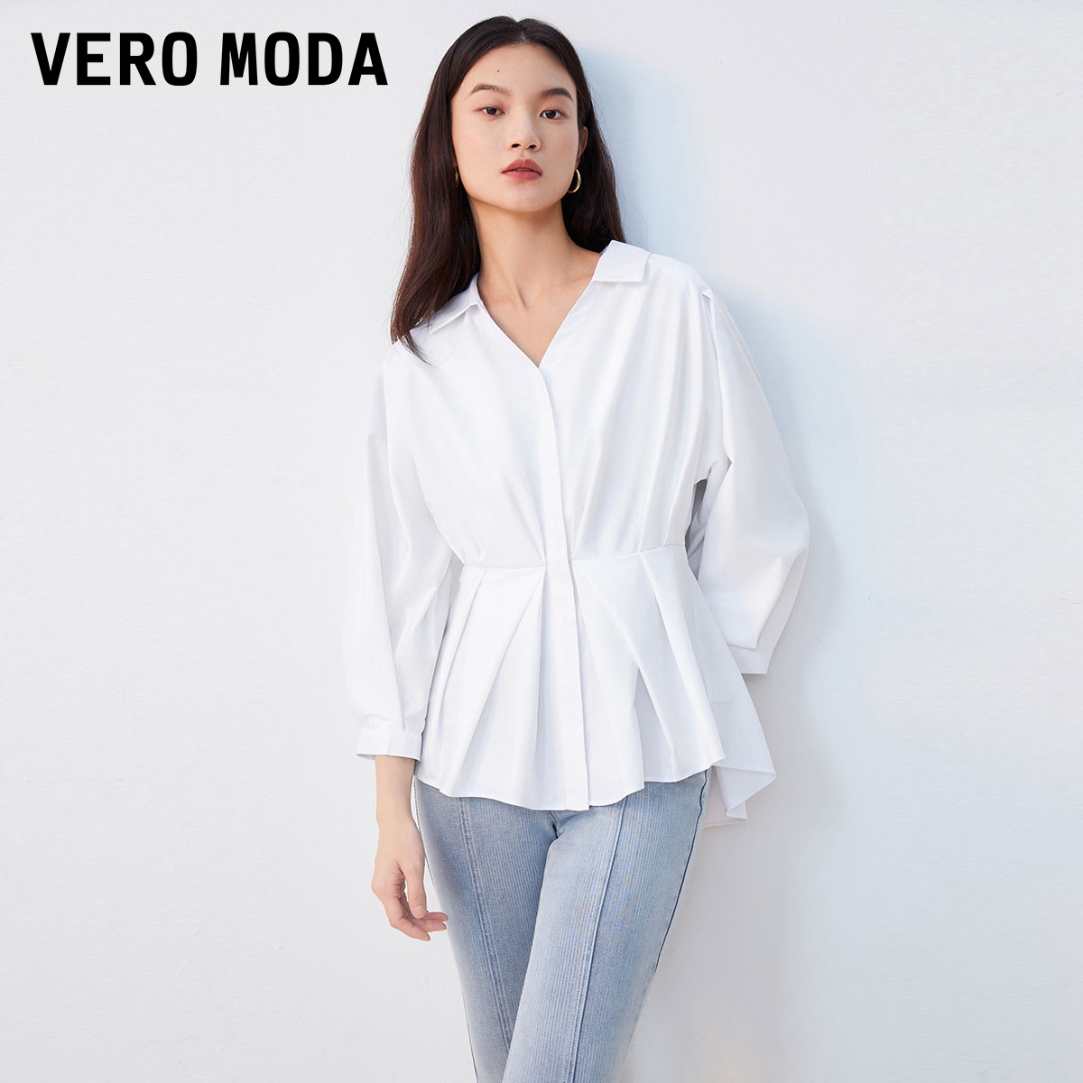 Vero Moda衬衫2023秋冬新款优雅通勤白色收腰七分袖上衣女