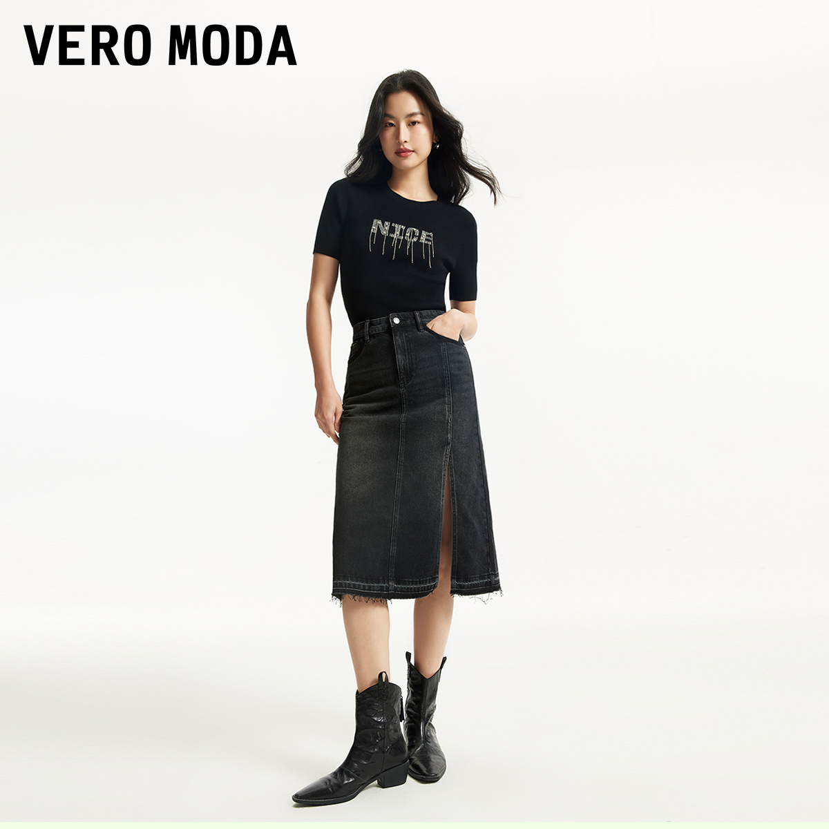 Vero Moda牛仔半身裙2024春夏开叉毛边高腰个性简约新款直筒 - 图0