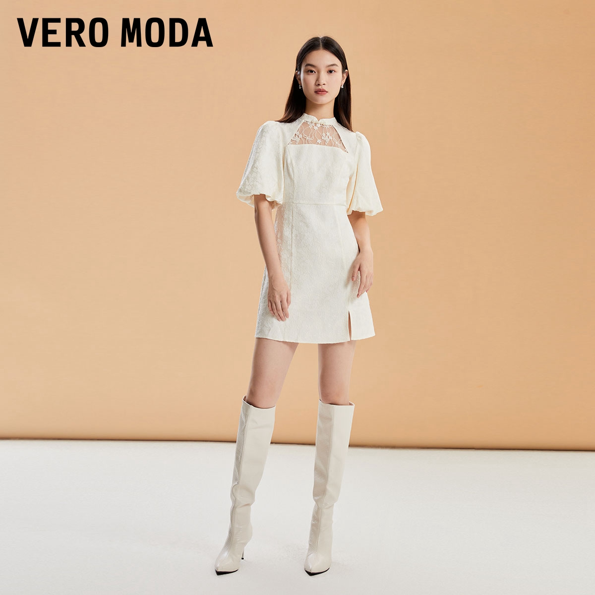 Vero Moda连衣裙2023秋冬新款优雅气质百搭纯色甜美蕾丝新中式