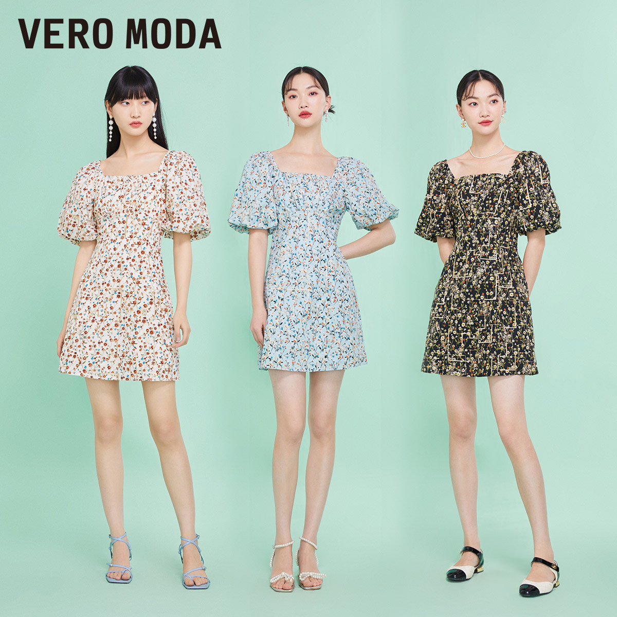 Vero Moda连衣裙夏季时尚气质碎花收腰泡泡袖法式优雅短裙▲ - 图0