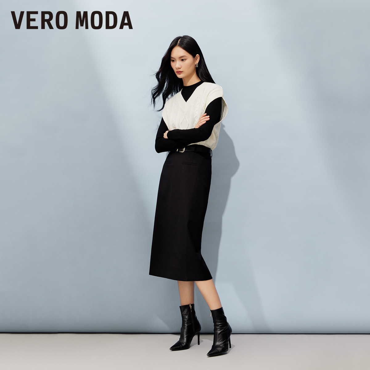 Vero Moda半身裙2023秋冬新款直筒中长裙格雷系通勤灰色西装裙