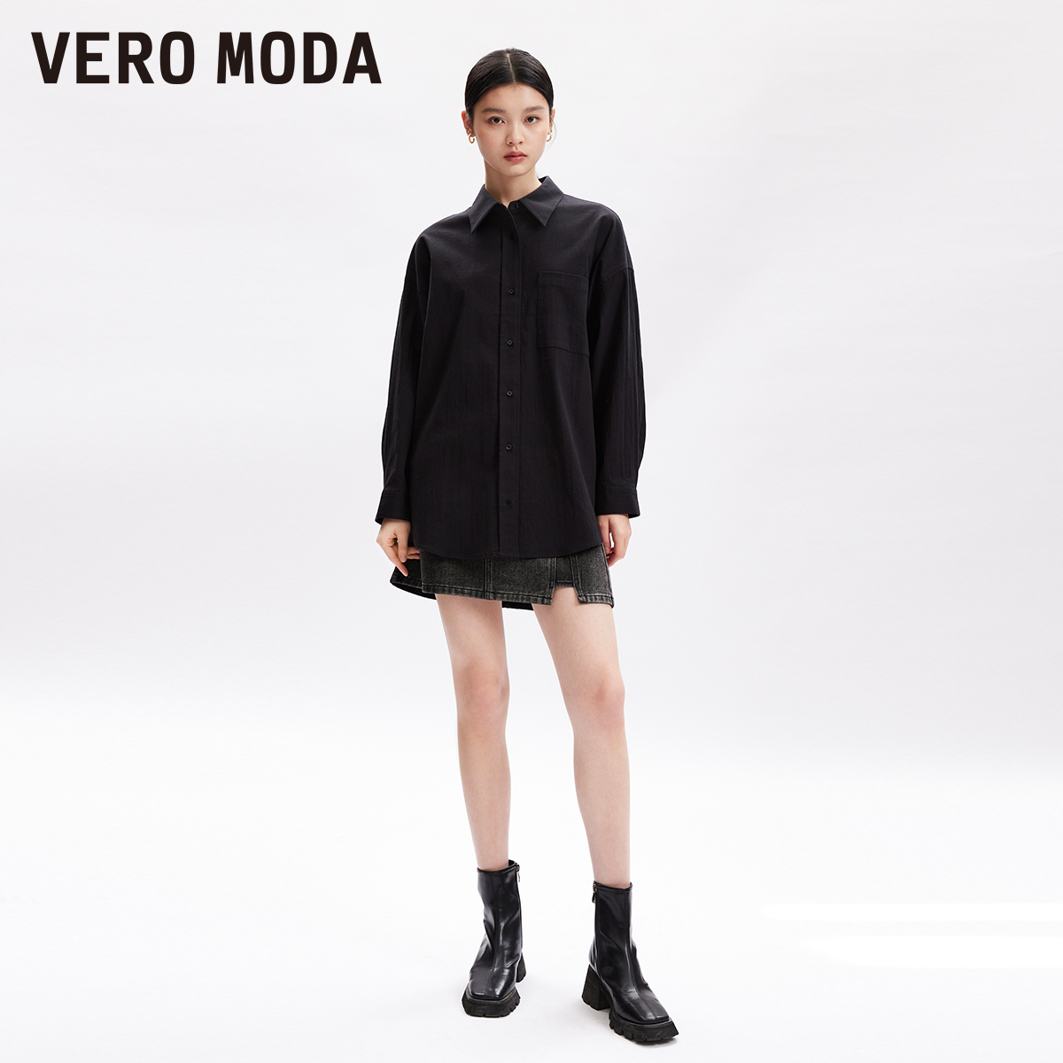 Vero Moda衬衫女2023秋冬新款休闲时尚百搭中性国风印花街头纯色 - 图0