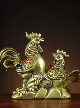 铜鸡摆件全家福鸡 公母鸡一对 家居 玄关装饰品如意鸡全家福鸡