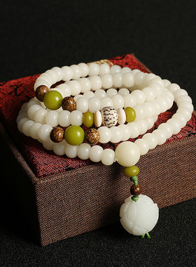 中国风原创天然菩提根手串莲花白玉菩提108颗佛珠念珠菩提手链DIY