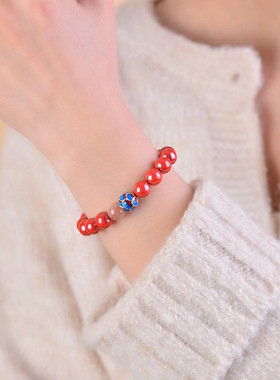 帝王砂朱砂山海芙蓉莲花手链本命年好运女生白鹿同款礼物低含量