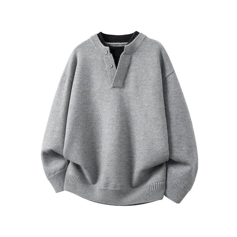 秋冬新款假两件毛衣男款美式V领针织衫男内搭青少年宽松百搭上衣,淘宝优惠券,粉丝福利购,淘宝优惠卷