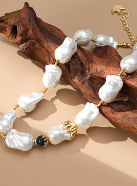 原创复古不规则超大颗琉璃巴洛克珍珠项链高级感大气女颈链毛衣链