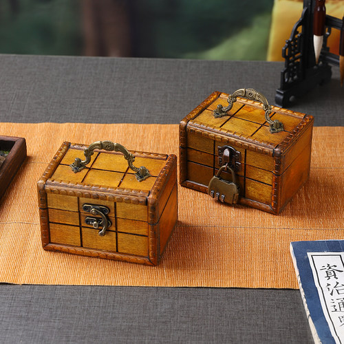 复古手提小宝箱木质收纳盒带锁密室逃脱搜证道具密码盒仿古木盒子 - 图0
