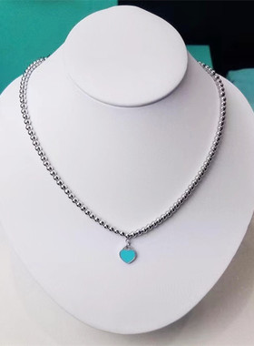 粉红蓝色珐琅爱心佛珠吊坠项链