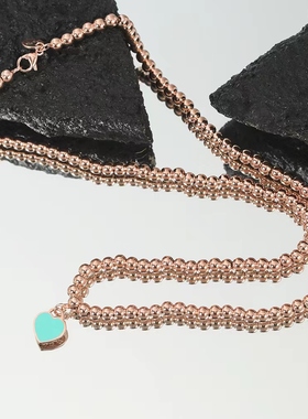 佛珠桃心粉红蓝色珐琅彩爱心项链