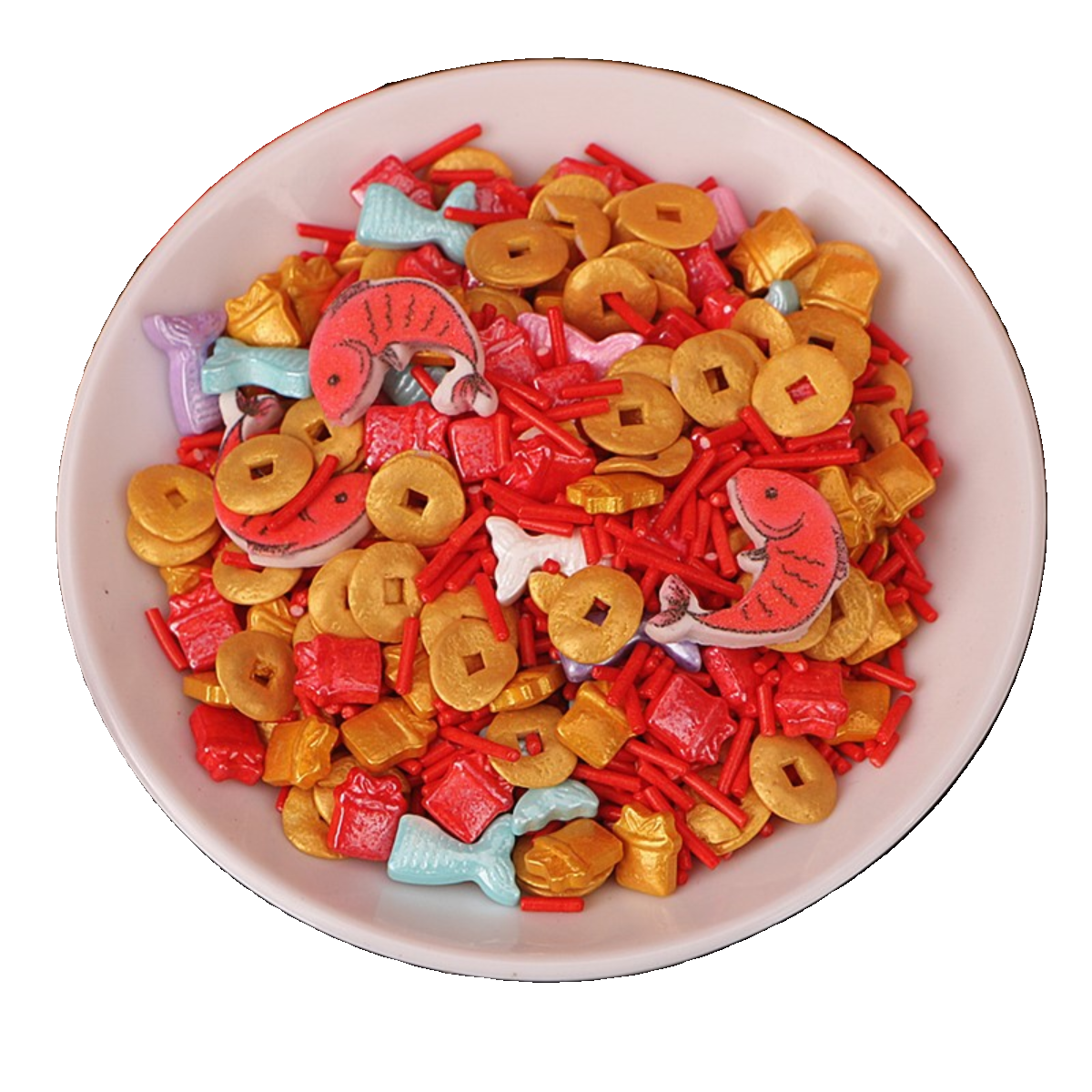 2024新年元旦跨年蛋糕装饰元宝铜钱鲤鱼福糖珠发财糖针喜庆甜品台