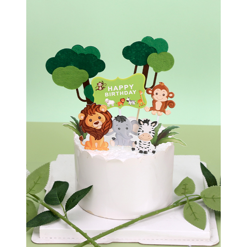 生日蛋糕装饰绿色森林系可爱小动物小狮子小兔子烘培用品插件插牌 - 图0