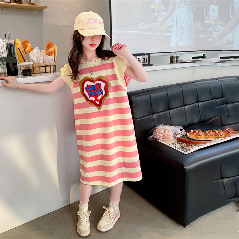女童连衣裙夏季2025新款女大童夏装纯棉条纹裙子儿童中长款T恤裙 - 图0