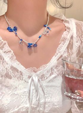 进口蓝色记忆~克莱茵蓝花朵串珠项链多巴胺春夏精致锁骨链颈链c