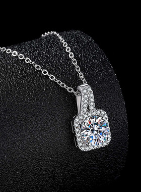 进口S925纯银方形莫桑石方糖项链女满镶简约方包超闪吊坠高级感